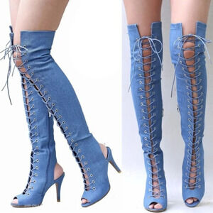 Denim Boots Over Knee Peep Toe Corset Lace Up Stiletto Heel Jeans Side Zip Shoes